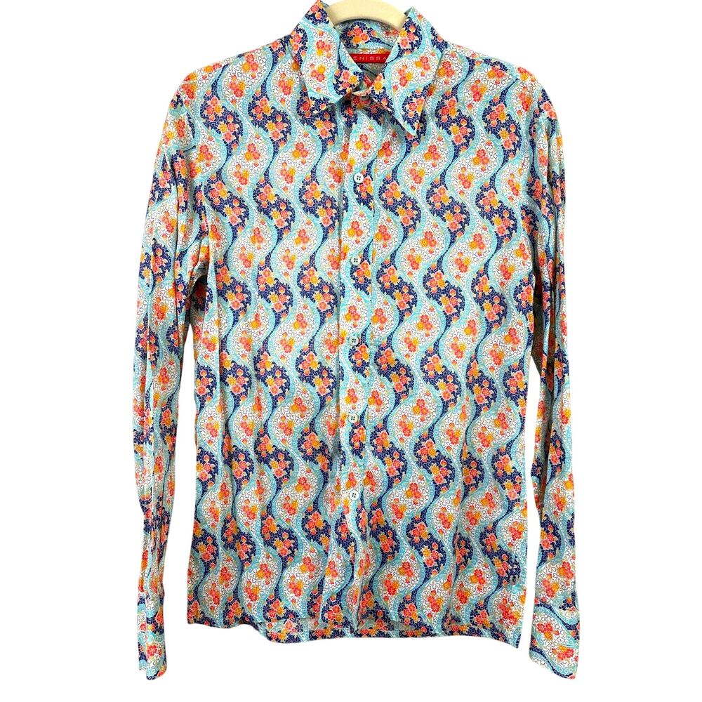 Venissac Mens S Blue Multi Floral Button Up Long Sleeve Lightweight Shirt